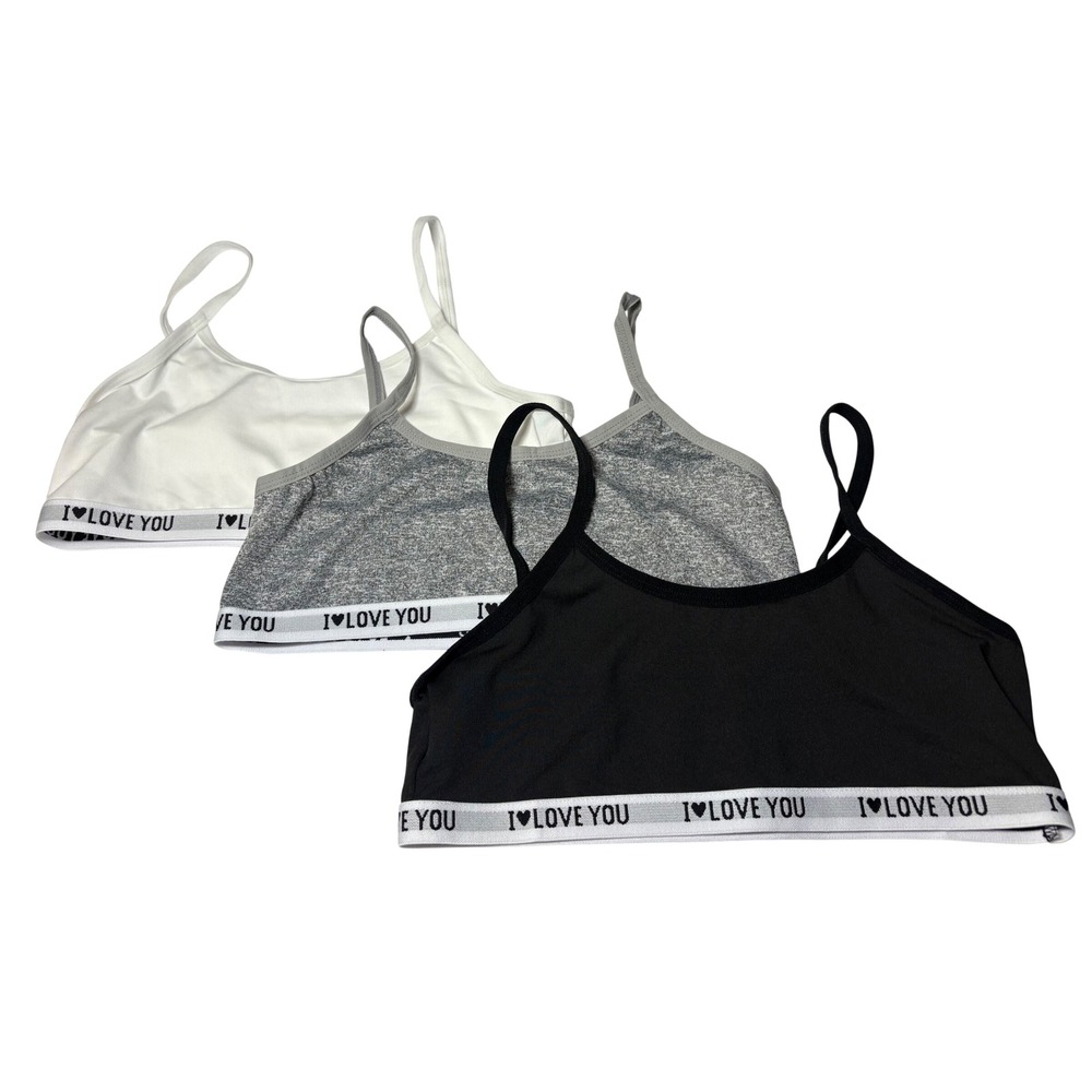 Girls 3 Pack I Love You Elastic Band Bralettes Black White Grey Size 12Y